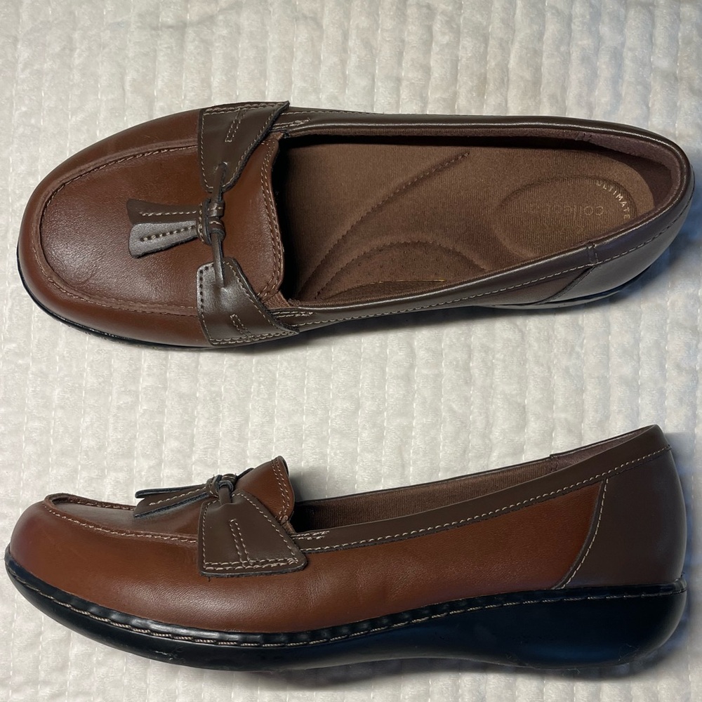 Clarks Collection Ashland Bubble Brown Leather Loafers • 9.5 Wide • EXCELLENT